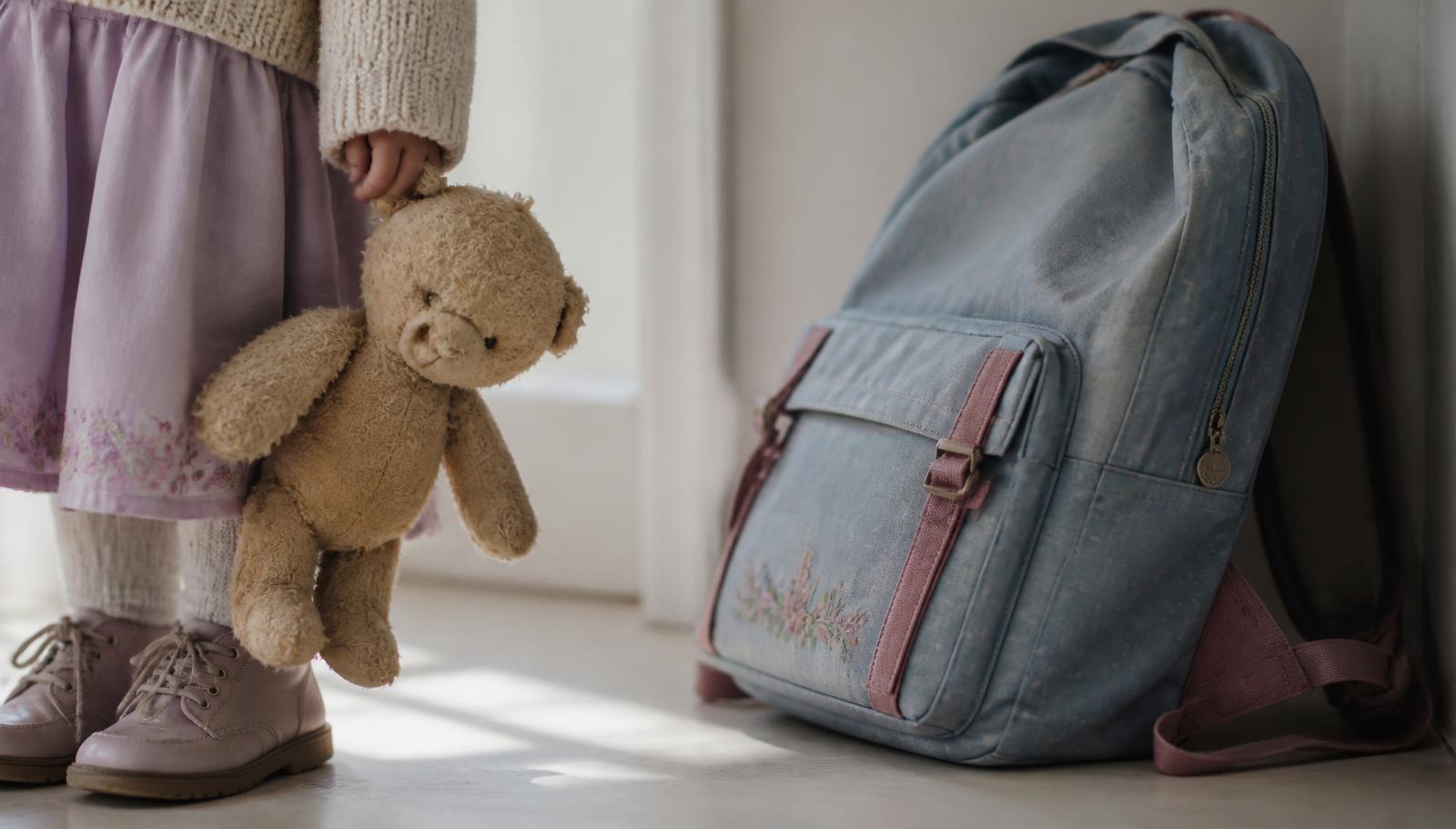 Mão de criança segurando um ursinho de pelúcia ao lado de uma mochila escolar, em luz natural suave